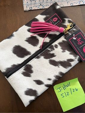 Makeup Junkie Bags Cowhide Zip Pouch with Hot Pink Tassel